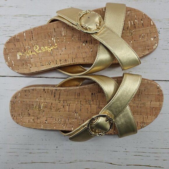 Lilly Pulitzer Bayshore‎ Womens Sandals Cork Gold Metallic Leather Size 6 - Picture 5 of 9